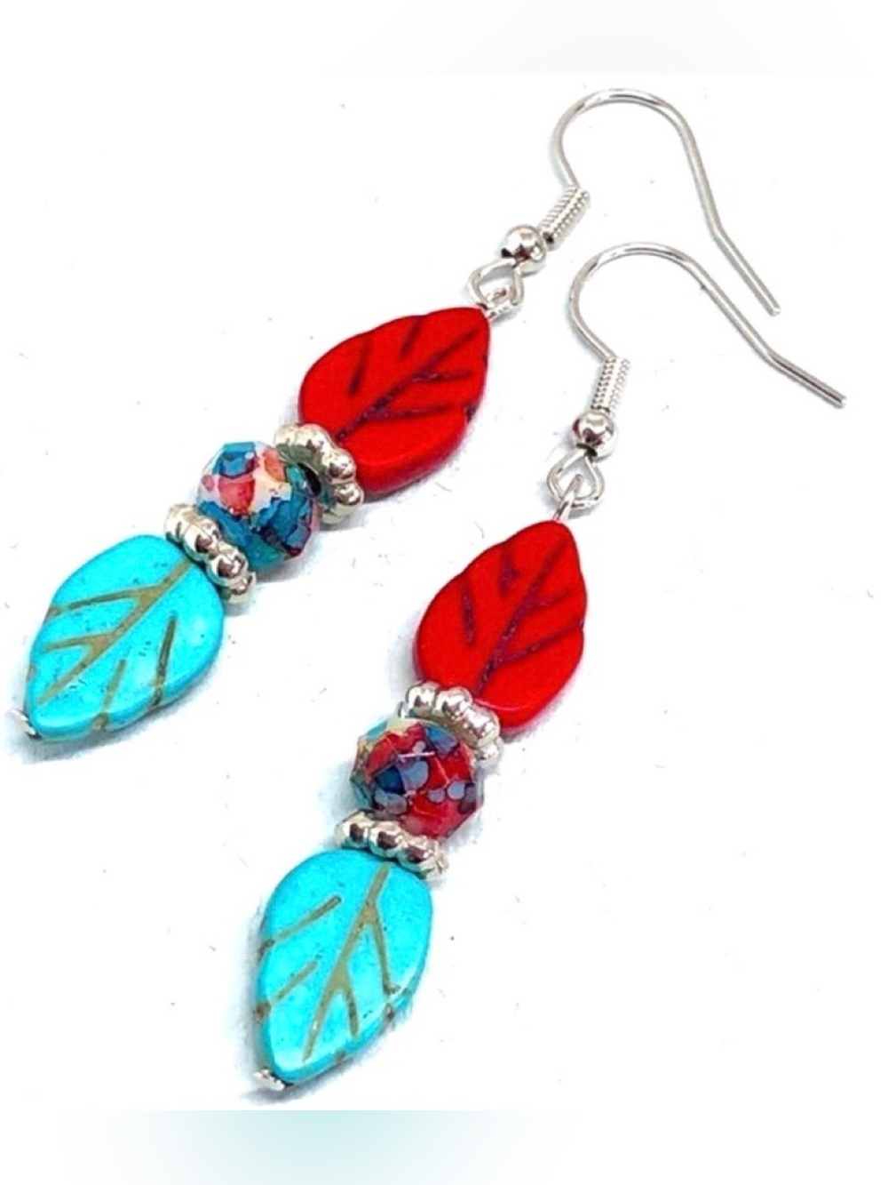 Turquoise Blue and Red Howlite Stone Leaf and Tie Dye Glass Bead Dangle Earrings